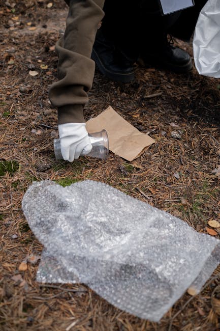 A person wearing a high-visibility yellow vest with reflective silver stripes and bright orange rubber gloves is holding a large black and metallic silver rubbish bag filled with waste materials outdo